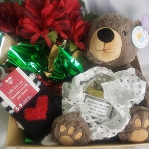 Valentines Day Gift, Healing Bear, Organic Scrub, Flowers, And Socks